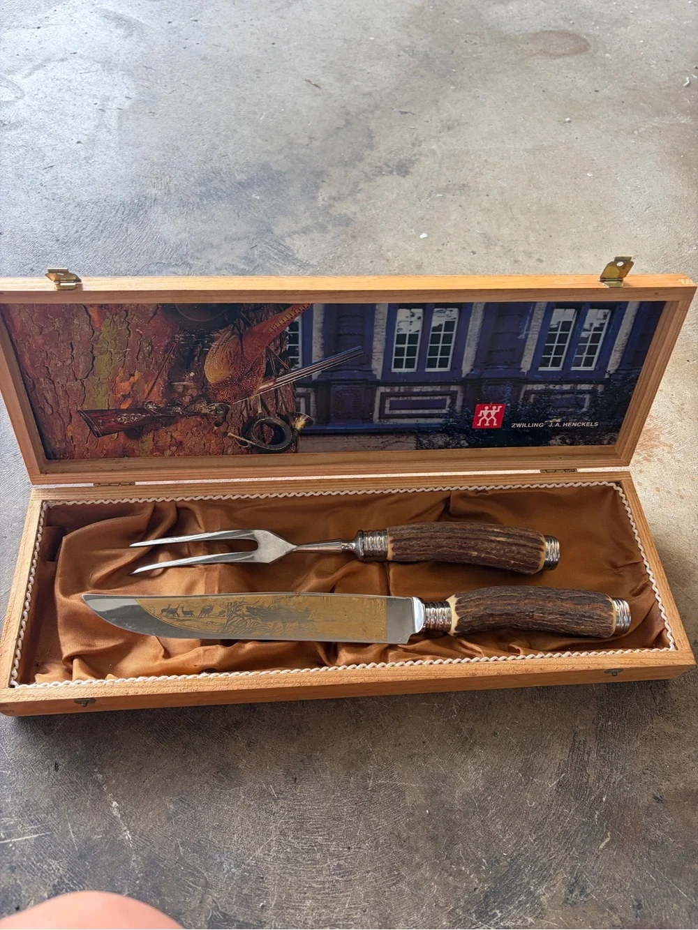 Vintage Zwilling J.A. Henckels Gold Etched Stag Handle Carving Set with Wood Box